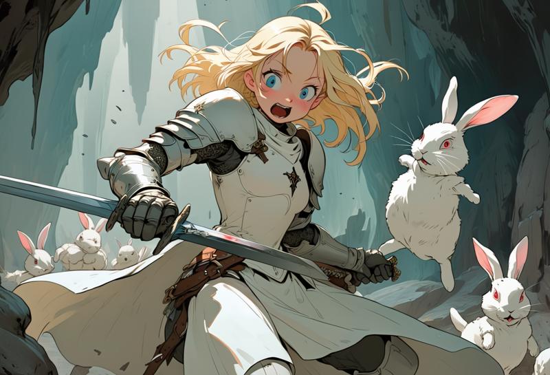 00027-887043298-Anime Artwork. Closeup of a playful and chaotic scene of a blonde knight fighting white rabbit. _BREAK_The blonde knight, adorne.png